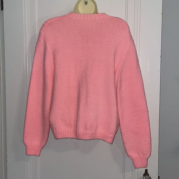 Vtg 60s bright pink thick knit cardigan sweater with raised leaf design - Picture 6 of 7